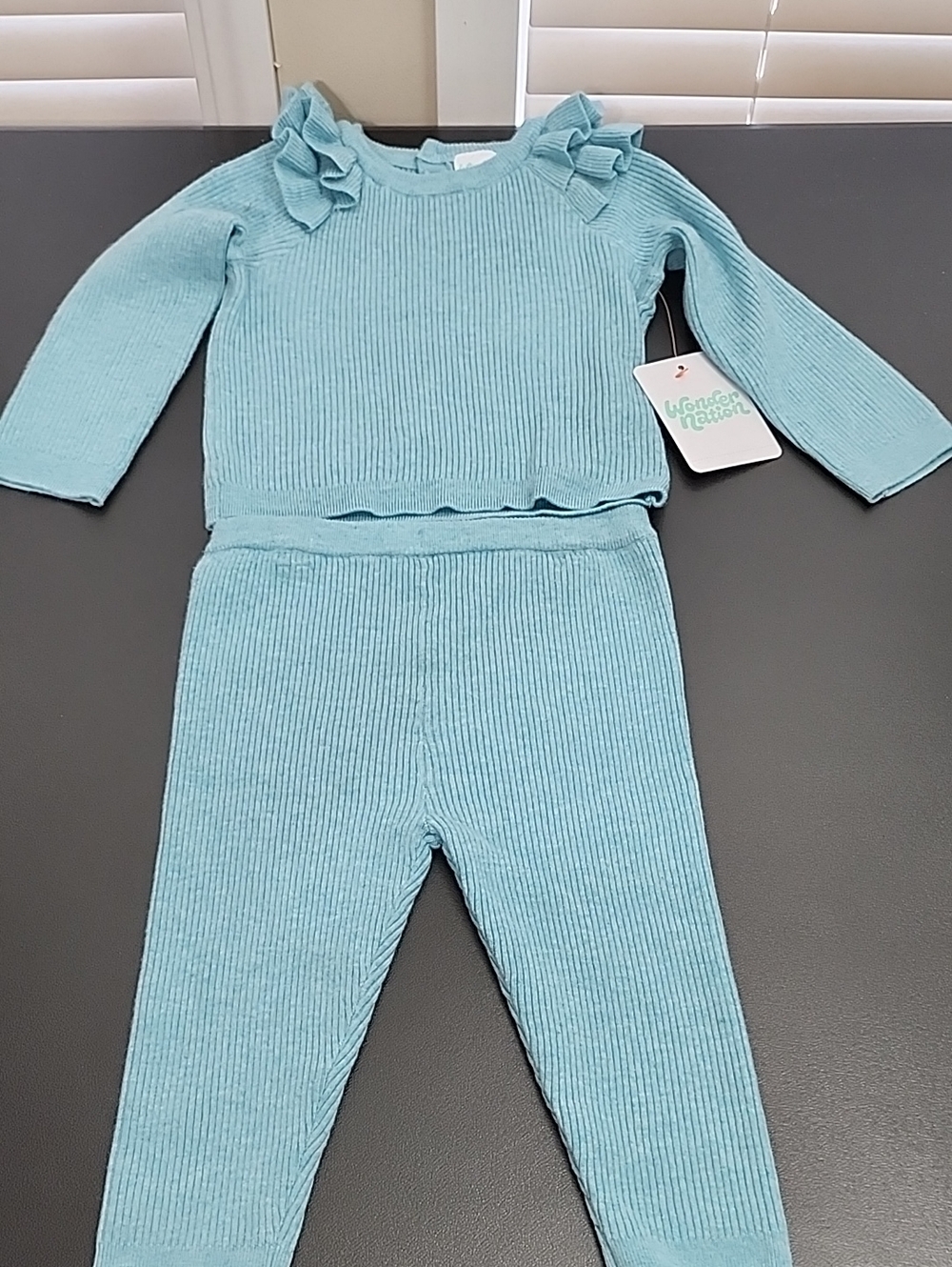 wonder nation Teal Ribbed Knit Leggings Set with Ruffle Shoulders